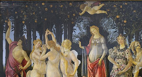 Detail of Primavera by Sandro Botticelli, 1482, set in an orange grove